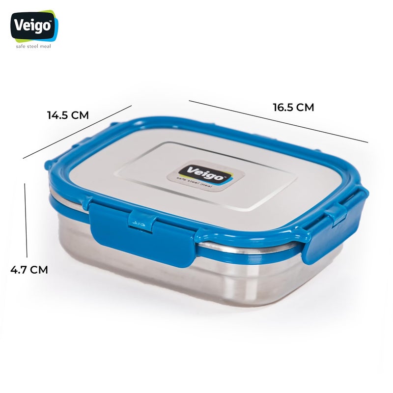 Veigo Veigo Original Stainless Steel Large Lunch Box(630 ml)| Airtight & Leakproof| Freezer & Dishwasher Safe| Kids Lunch Box for School |Silicone Ring & Polymer Frame| Safe Lid Lock| Blue  - Image 3