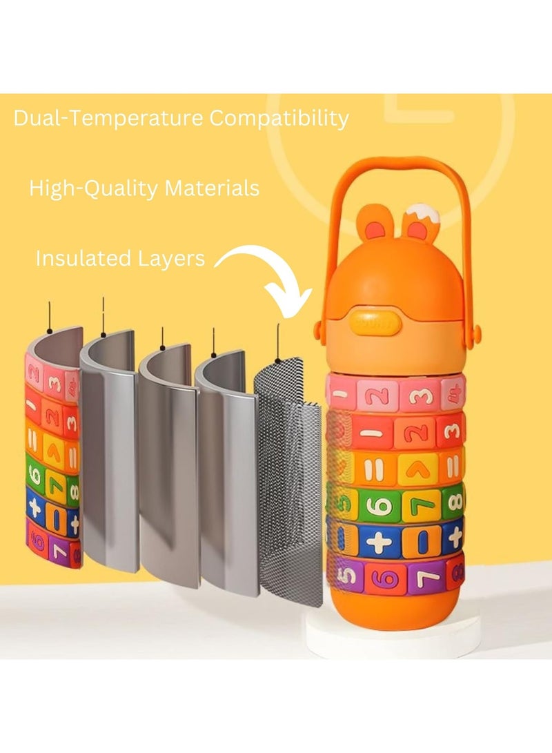Mobcos Kids Math's Learning Water Bottle - Stainless Steel, Vacuum Insulated, Leak Proof with Straw & Strap, BPA Free and Portable 430ml (Orange) - Image 4