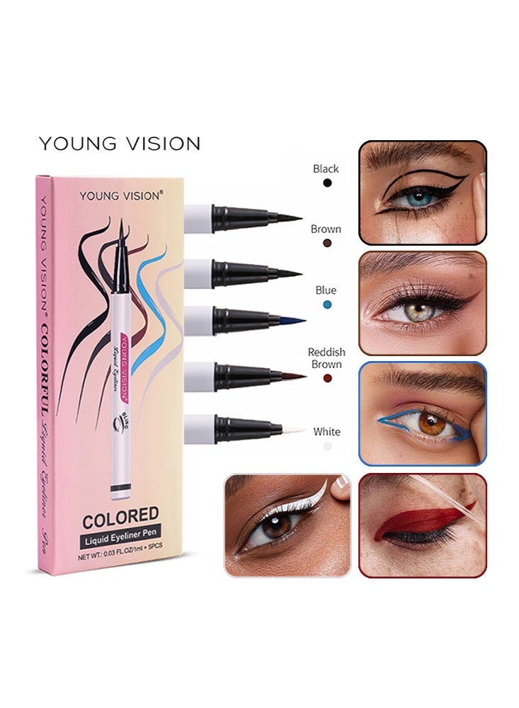 يونج فيجن طقم أقلام كحل سائلة 5 قطع ، أسود / أبيض / بني / محمر / أزرق ، 5 ألوان عارية وغير لامعة مجموعة محددات العيون للنساء ، كحل ملون مقاوم للتلطخ - Image 1