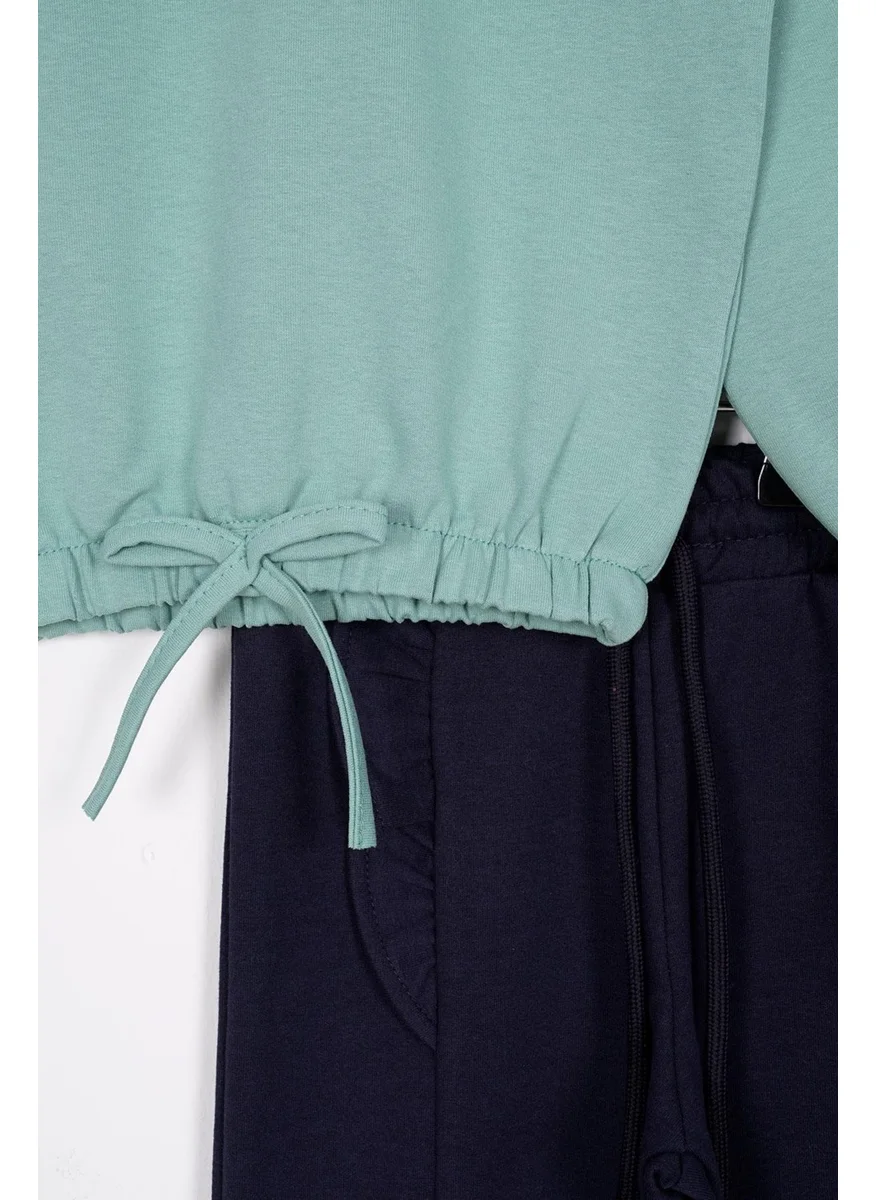 زيبكيدز Crew Neck Long Sleeve Long Sleeve Trousers with Stitching Detail Mint Navy Blue Color Girl Tracksuit Set