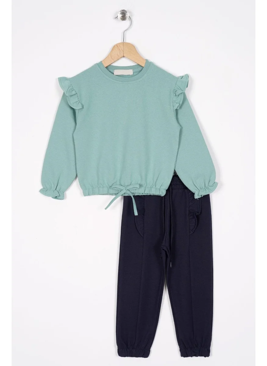 زيبكيدز Crew Neck Long Sleeve Long Sleeve Trousers with Stitching Detail Mint Navy Blue Color Girl Tracksuit Set