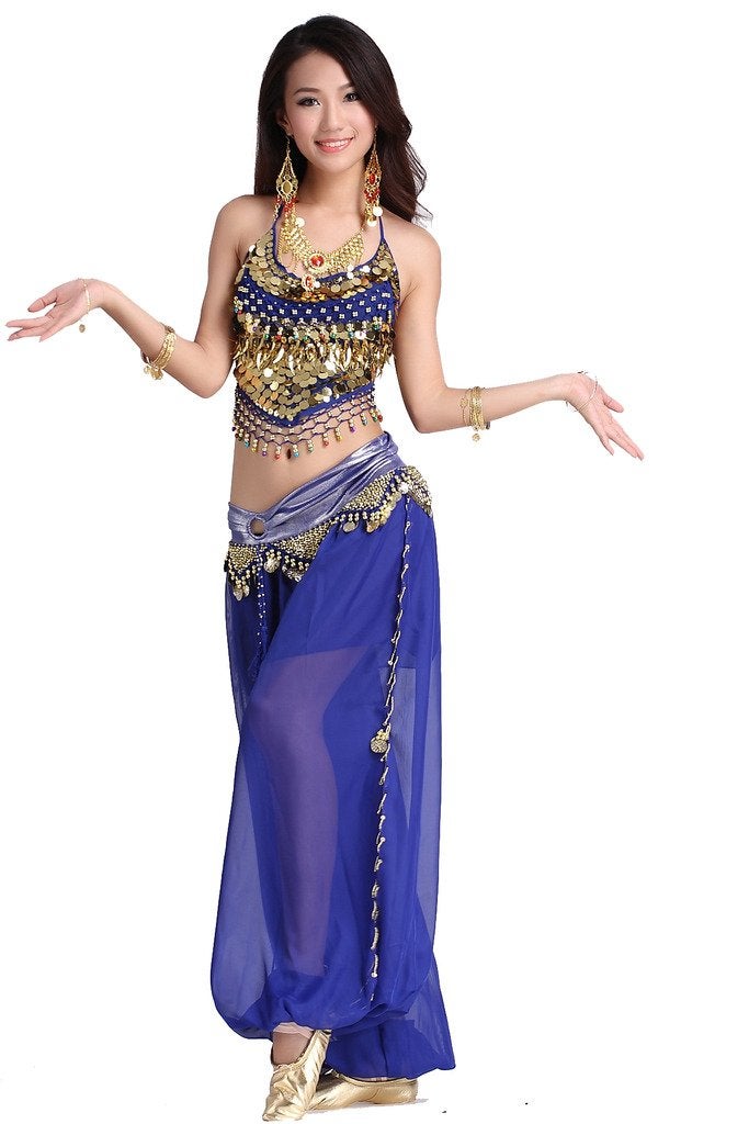 ZLTdream Lady's Belly Dance Chiffon Banadge Top and Lantern Coins Pants Dark Blue, One Size - Image 1