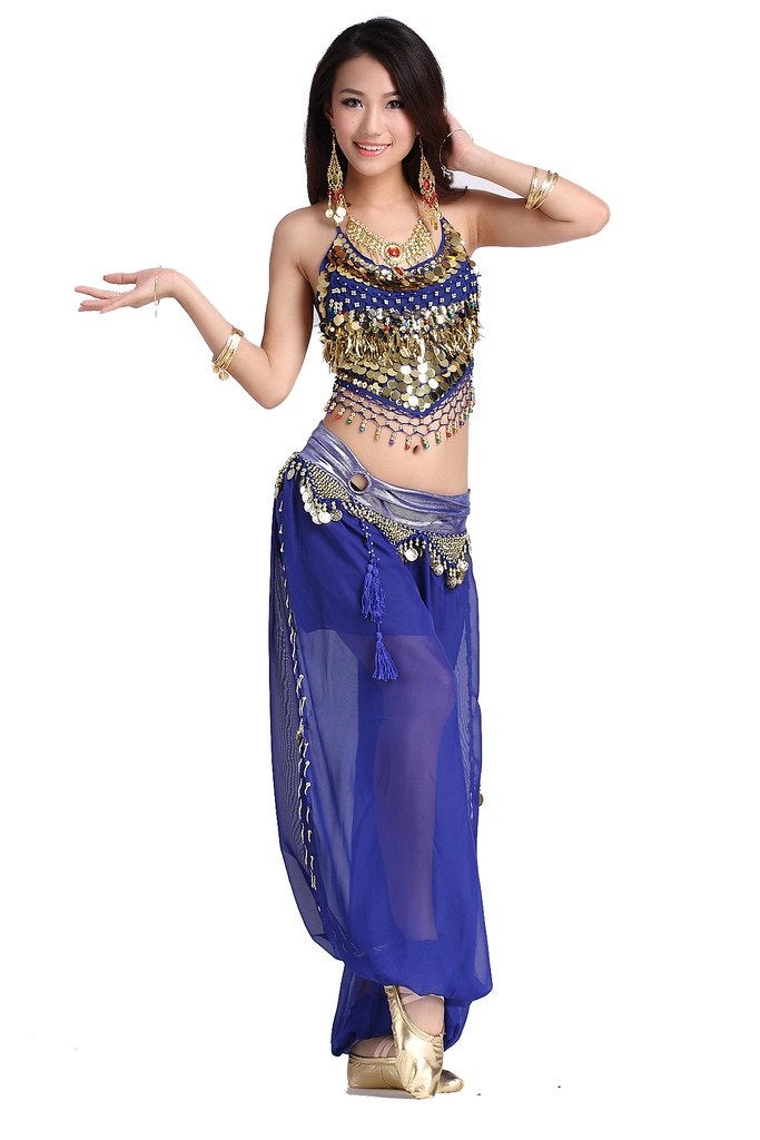 ZLTdream Lady's Belly Dance Chiffon Banadge Top and Lantern Coins Pants Dark Blue, One Size - Image 2