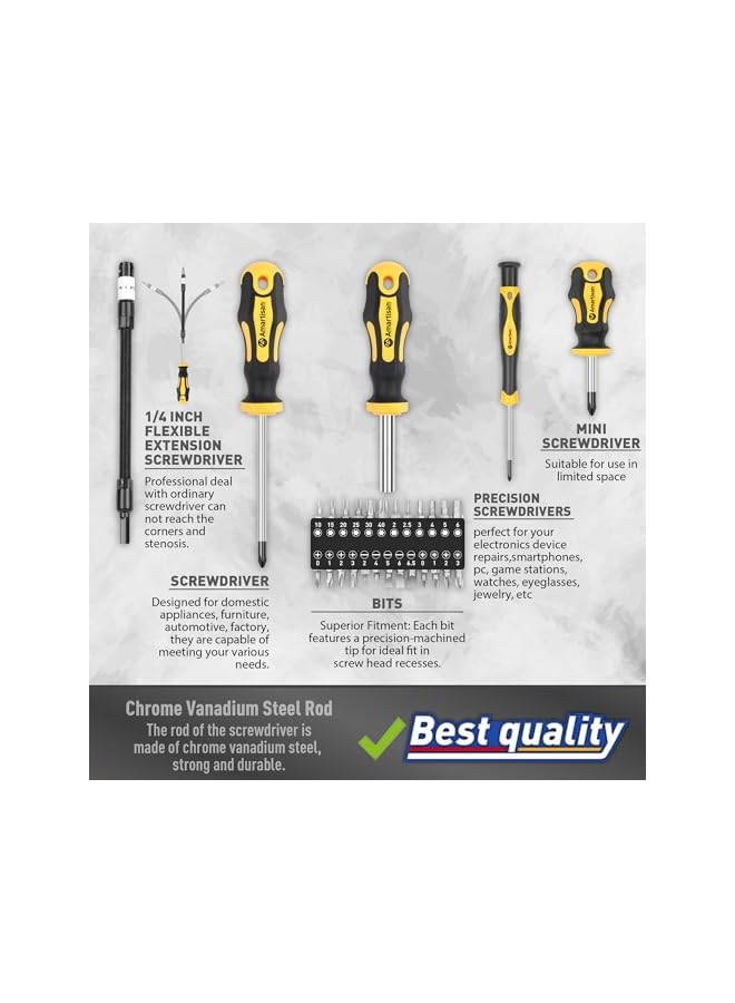 promass Magnetic Screwdrivers Set with Case, 42-piece Includs Slotted, Phillips, Hex, Pozidriv,Torx and Precision Screwdriver Set Tools for Men - Image 4