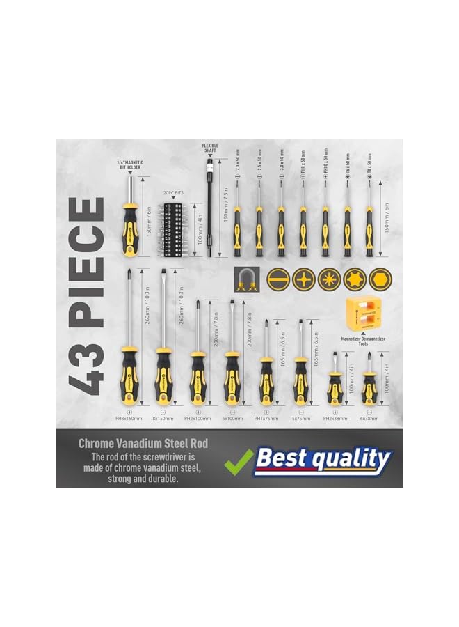 promass Magnetic Screwdrivers Set with Case, 42-piece Includs Slotted, Phillips, Hex, Pozidriv,Torx and Precision Screwdriver Set Tools for Men - Image 5