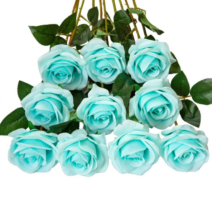 10PCS FAKE ROSES ARTIFICIAL SILK FLOWERS FAUX ROSE FLOWER LONG STEMS BOUQUET FOR ARRANGEMENT WEDDING CENTERPIECE PARTY HOME KITCHEN DECORTEAL BLUE