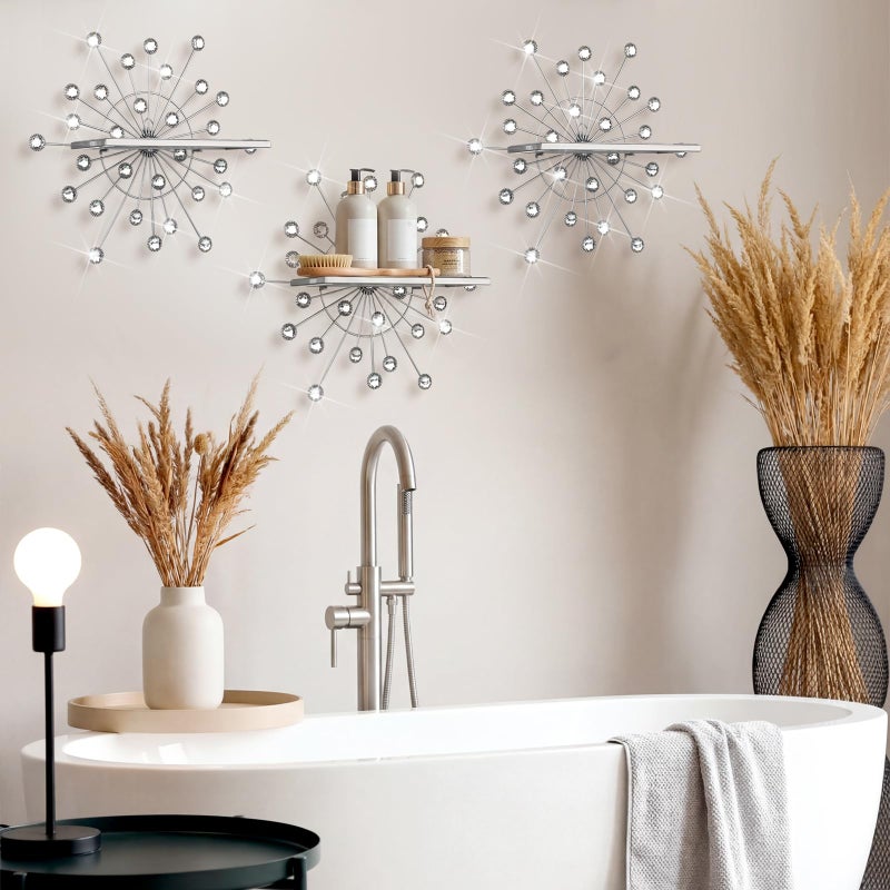 Yaocom 3 Pcs Bling Crystal Floating Shelves Metal Starbursts Wall Decor Folding Shelf Silver Corner Shelves Hanging Wall Mounted for Storage Bedroom Bathroom Living Room Kitchen Office Home Decoration - Image 5