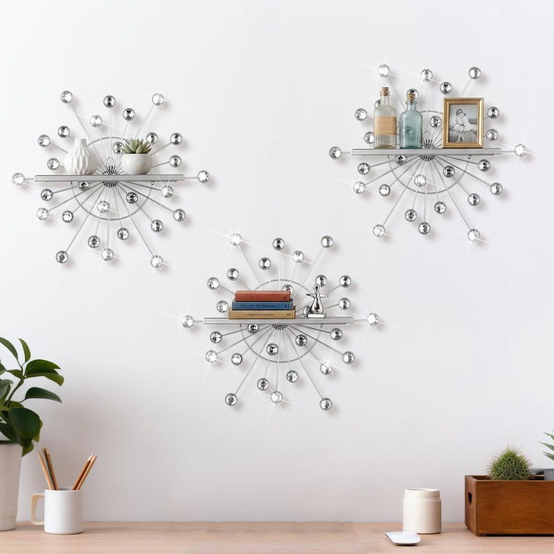 Yaocom 3 Pcs Bling Crystal Floating Shelves Metal Starbursts Wall Decor Folding Shelf Silver Corner Shelves Hanging Wall Mounted for Storage Bedroom Bathroom Living Room Kitchen Office Home Decoration - Image 1