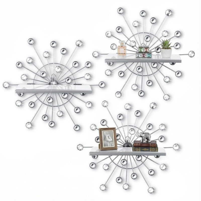 Yaocom 3 Pcs Bling Crystal Floating Shelves Metal Starbursts Wall Decor Folding Shelf Silver Corner Shelves Hanging Wall Mounted for Storage Bedroom Bathroom Living Room Kitchen Office Home Decoration - Image 2
