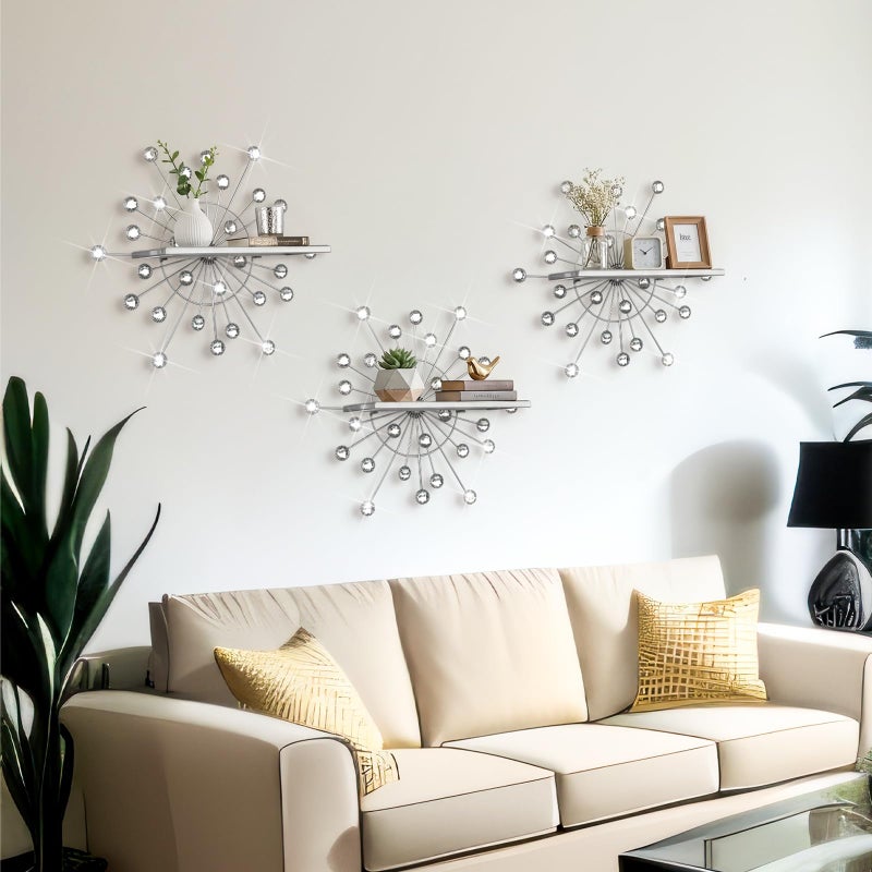 Yaocom 3 Pcs Bling Crystal Floating Shelves Metal Starbursts Wall Decor Folding Shelf Silver Corner Shelves Hanging Wall Mounted for Storage Bedroom Bathroom Living Room Kitchen Office Home Decoration - Image 4