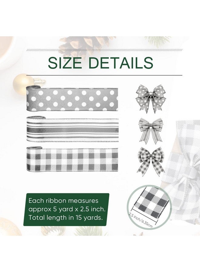 Moukeren Grey Wired Edge Ribbon Plaid Ribbon 3 Rolls 2.5 Inch Farmhouse Ribbon Buffalo Check Gray Ribbon Polka Dot Striped Ribbon Buffalo Plaid Ribbon Wire Ribbon For Diy Crafts Gifts Wreath Bow 15 Yards - Image 2