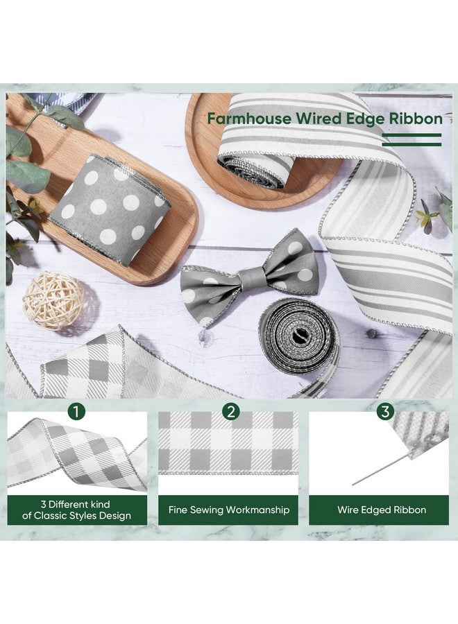 Moukeren Grey Wired Edge Ribbon Plaid Ribbon 3 Rolls 2.5 Inch Farmhouse Ribbon Buffalo Check Gray Ribbon Polka Dot Striped Ribbon Buffalo Plaid Ribbon Wire Ribbon For Diy Crafts Gifts Wreath Bow 15 Yards - Image 3