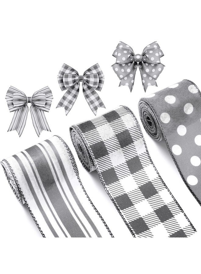 Moukeren Grey Wired Edge Ribbon Plaid Ribbon 3 Rolls 2.5 Inch Farmhouse Ribbon Buffalo Check Gray Ribbon Polka Dot Striped Ribbon Buffalo Plaid Ribbon Wire Ribbon For Diy Crafts Gifts Wreath Bow 15 Yards - Image 1