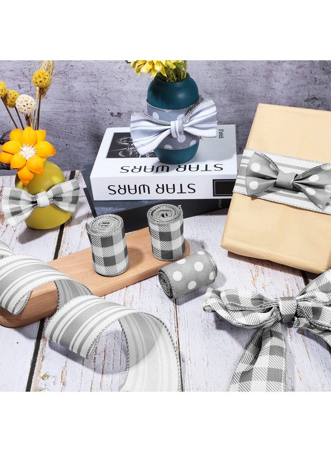Moukeren Grey Wired Edge Ribbon Plaid Ribbon 3 Rolls 2.5 Inch Farmhouse Ribbon Buffalo Check Gray Ribbon Polka Dot Striped Ribbon Buffalo Plaid Ribbon Wire Ribbon For Diy Crafts Gifts Wreath Bow 15 Yards - Image 5