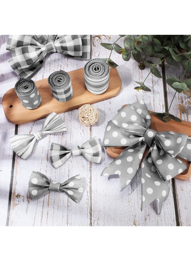 Moukeren Grey Wired Edge Ribbon Plaid Ribbon 3 Rolls 2.5 Inch Farmhouse Ribbon Buffalo Check Gray Ribbon Polka Dot Striped Ribbon Buffalo Plaid Ribbon Wire Ribbon For Diy Crafts Gifts Wreath Bow 15 Yards - Image 4