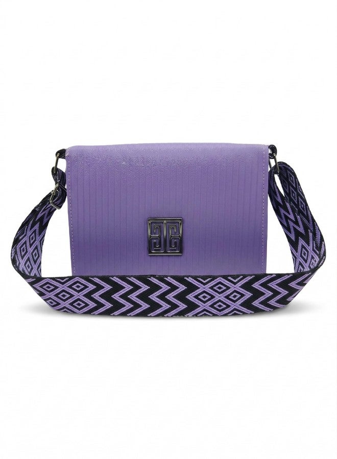 KRIFTY Sling Bag with Geometric Patterned Strap, Flap Closure, Adjustable Crossbody Strap For Women's/Girls (Purple) - Image 1