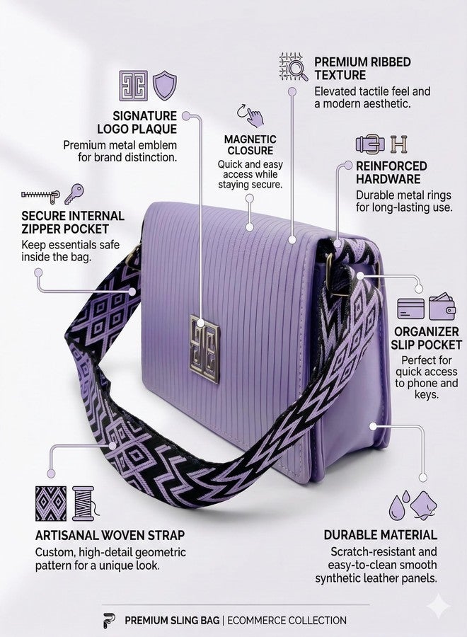 KRIFTY Sling Bag with Geometric Patterned Strap, Flap Closure, Adjustable Crossbody Strap For Women's/Girls (Purple) - Image 2
