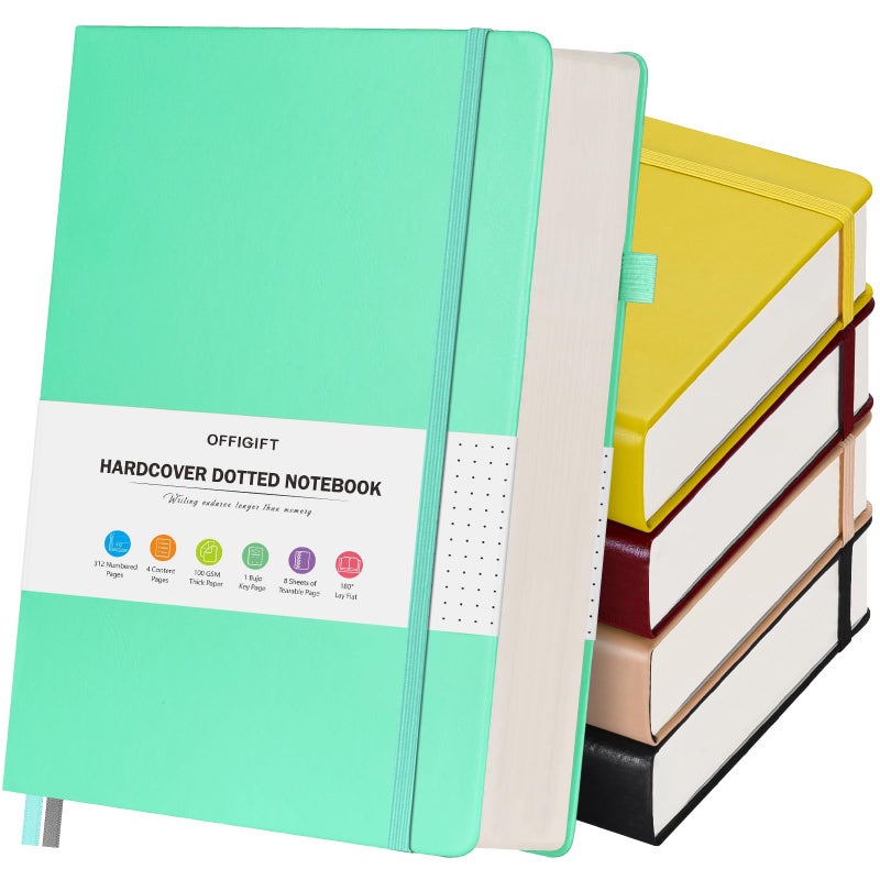 OFFIGIFT 5 Pack Bullet Dotted Journal Notebook, 312 Numbered Pages Dot Grid Notebooks Bulk, 100gsm No Bleed Paper Hardcover Leather Journal, Dot Journal Notebook Set for Women Men School Office, A5, Multicolor - Image 1