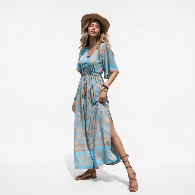 Bohemian Print Maxi Dress with Tassel - Image 2