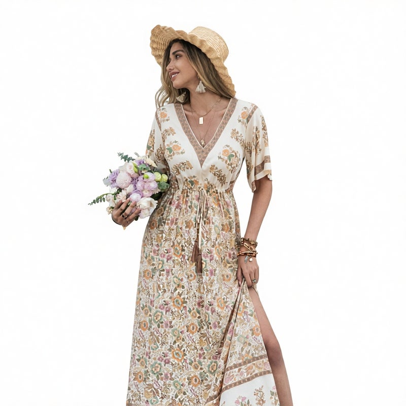 Bohemian Print Maxi Dress with Tassel - Image 1