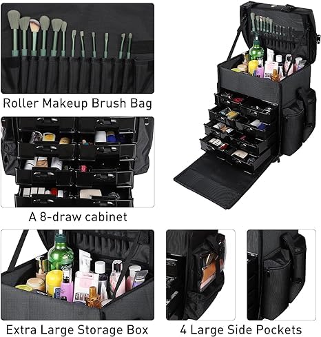 Qtavia Professional Trolley Bag Vanity For Multi Function Artist Makeup Box Rolling Trolley Makeup Beauty Train Case Cosmetic Organizer (Black) Multi Storage Vanity Bag (Width: 46 Cm,Medium) - Image 4