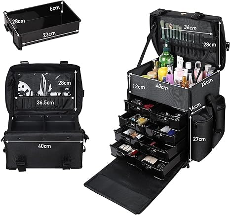 Qtavia Professional Trolley Bag Vanity For Multi Function Artist Makeup Box Rolling Trolley Makeup Beauty Train Case Cosmetic Organizer (Black) Multi Storage Vanity Bag (Width: 46 Cm,Medium) - Image 5