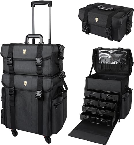 Qtavia Professional Trolley Bag Vanity For Multi Function Artist Makeup Box Rolling Trolley Makeup Beauty Train Case Cosmetic Organizer (Black) Multi Storage Vanity Bag (Width: 46 Cm,Medium) - Image 1