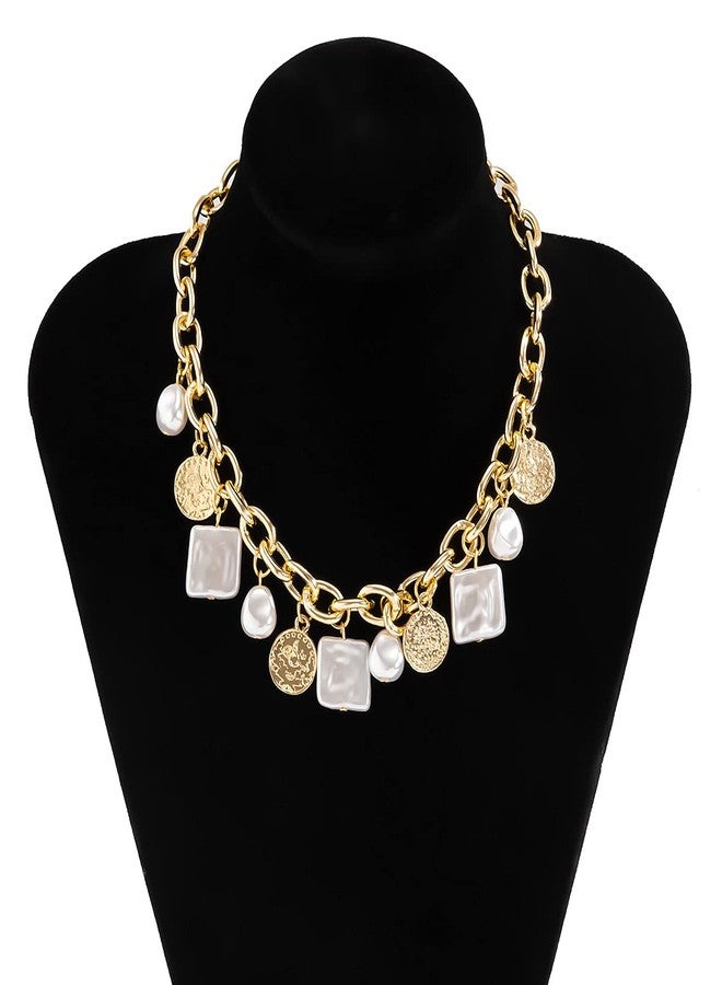 Asphire Punk Cuban Link Chain Choker Necklace with Irregular Pearl Coin Tassel Carved Coin Pendant Collar Necklace Baroque Festival Statement Accessories Gift for Women (Gold) - Image 5