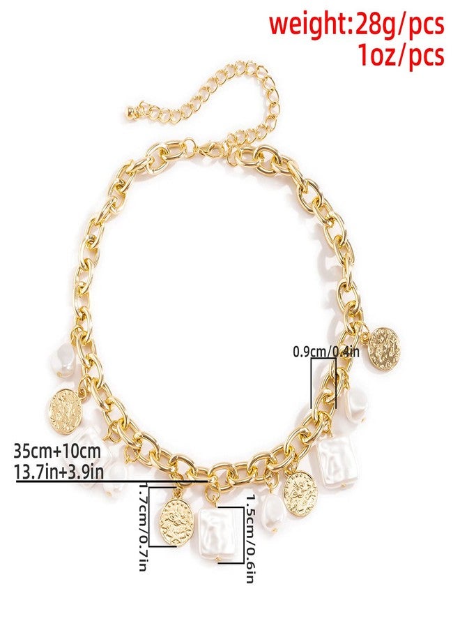 Asphire Punk Cuban Link Chain Choker Necklace with Irregular Pearl Coin Tassel Carved Coin Pendant Collar Necklace Baroque Festival Statement Accessories Gift for Women (Gold) - Image 4