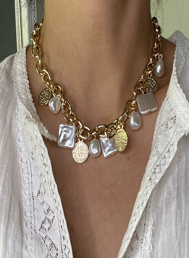 Asphire Punk Cuban Link Chain Choker Necklace with Irregular Pearl Coin Tassel Carved Coin Pendant Collar Necklace Baroque Festival Statement Accessories Gift for Women (Gold) - Image 2
