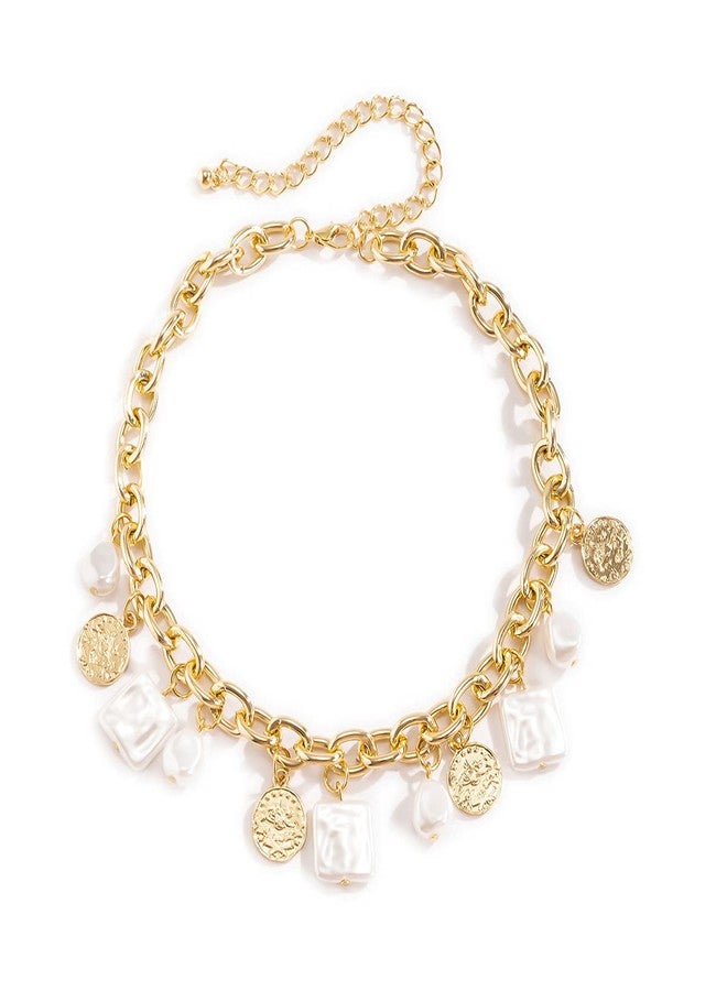 Asphire Punk Cuban Link Chain Choker Necklace with Irregular Pearl Coin Tassel Carved Coin Pendant Collar Necklace Baroque Festival Statement Accessories Gift for Women (Gold) - Image 1