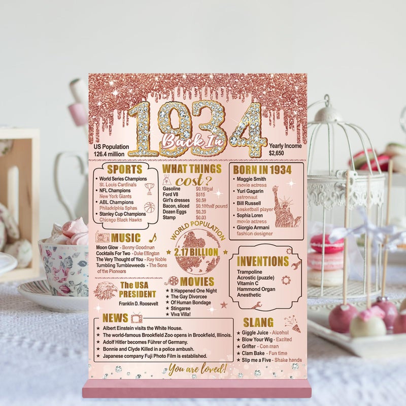 Bumqviy Happy 90th Birthday Decorations Back in 1934 Table Sign for Women  Pink Rose Gold 90 & Fabulous Birthday Two-Sided Wooden Poster with Stand  Ninety Year Old Birthday Gift Party Supplies - Image 3