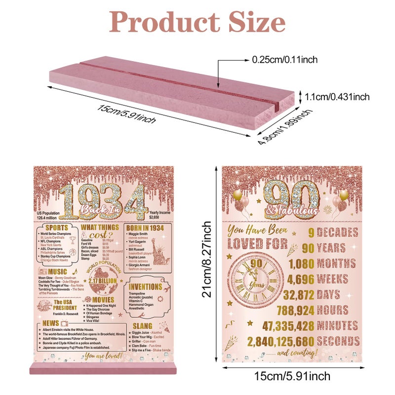 Bumqviy Happy 90th Birthday Decorations Back in 1934 Table Sign for Women  Pink Rose Gold 90 & Fabulous Birthday Two-Sided Wooden Poster with Stand  Ninety Year Old Birthday Gift Party Supplies - Image 1