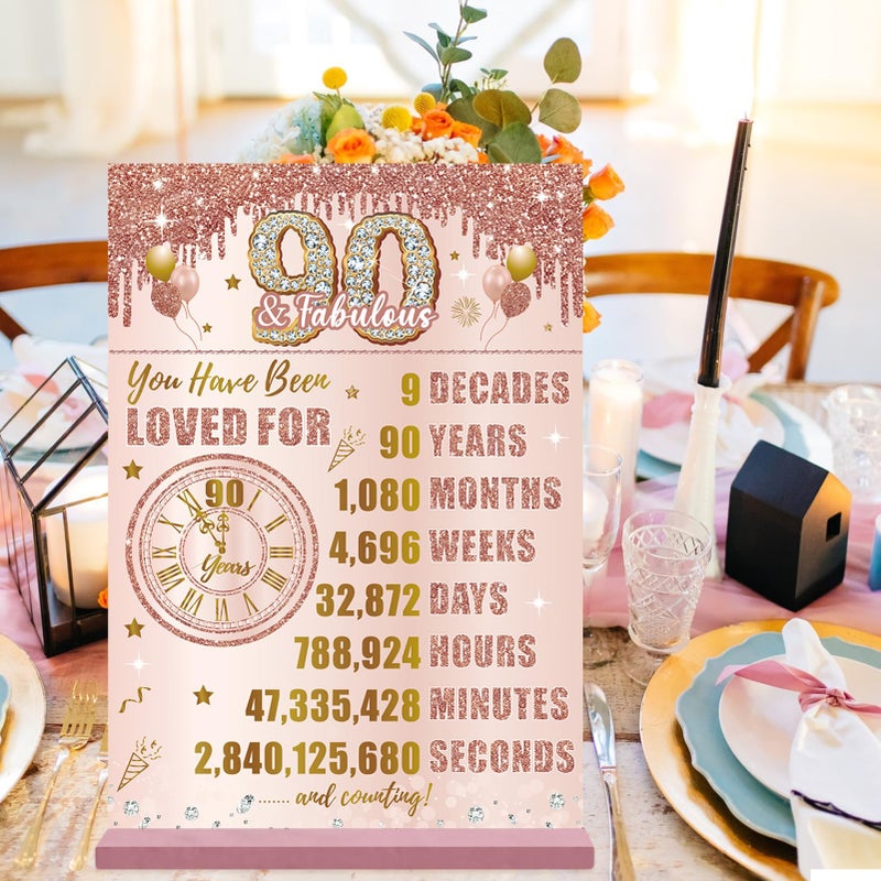 Bumqviy Happy 90th Birthday Decorations Back in 1934 Table Sign for Women  Pink Rose Gold 90 & Fabulous Birthday Two-Sided Wooden Poster with Stand  Ninety Year Old Birthday Gift Party Supplies - Image 4