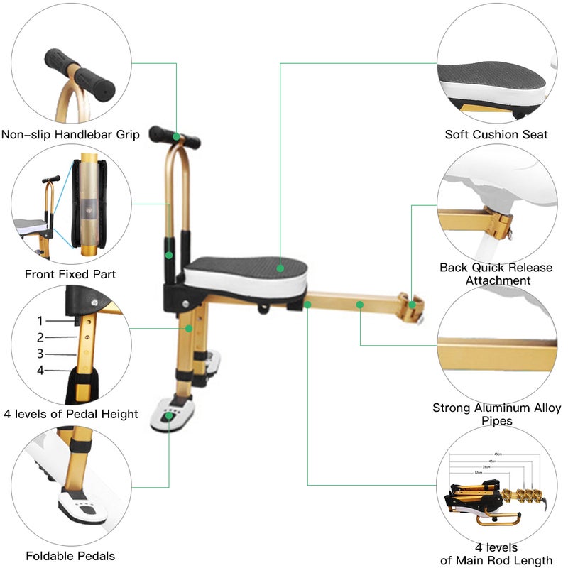 Front Mounted Child Bicycle Seat: Aluminum Alloy Structure, 2-Point Fixing Design - Adjustable Pedals & Rod, Foldable Pedals for Kids Front Bike Seat for Outdoor Family Cycling - Image 4