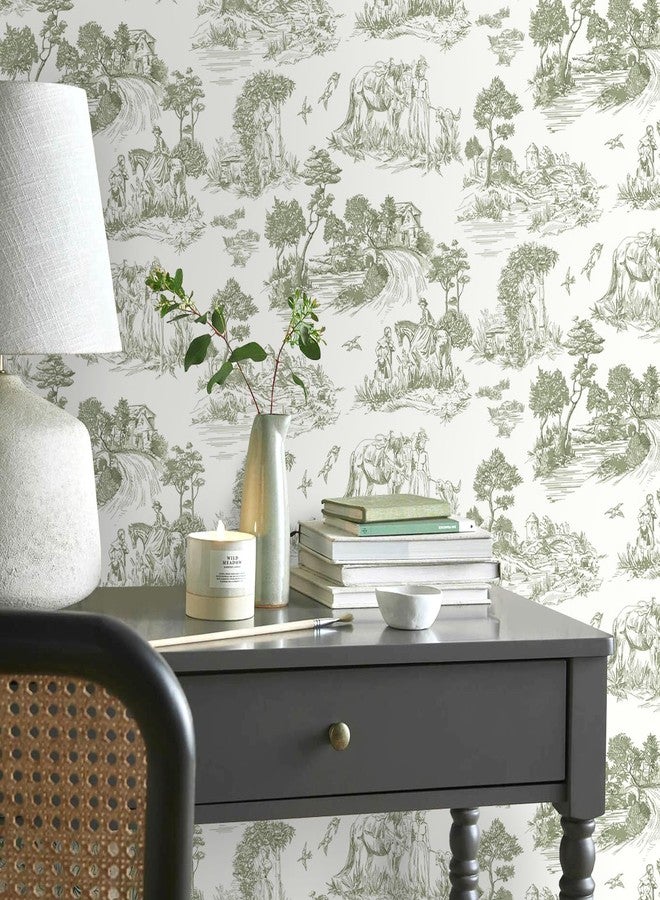 lenify Toile Wallpaper Peel and Stick Wallpaper Line Drawing Wallpaper 15.7inch x 118.1inch Green Vintage Wallpaper Country Life Self-Adhesive Removable Contact Paper for Bedroom Decorative Vinyl - Image 2