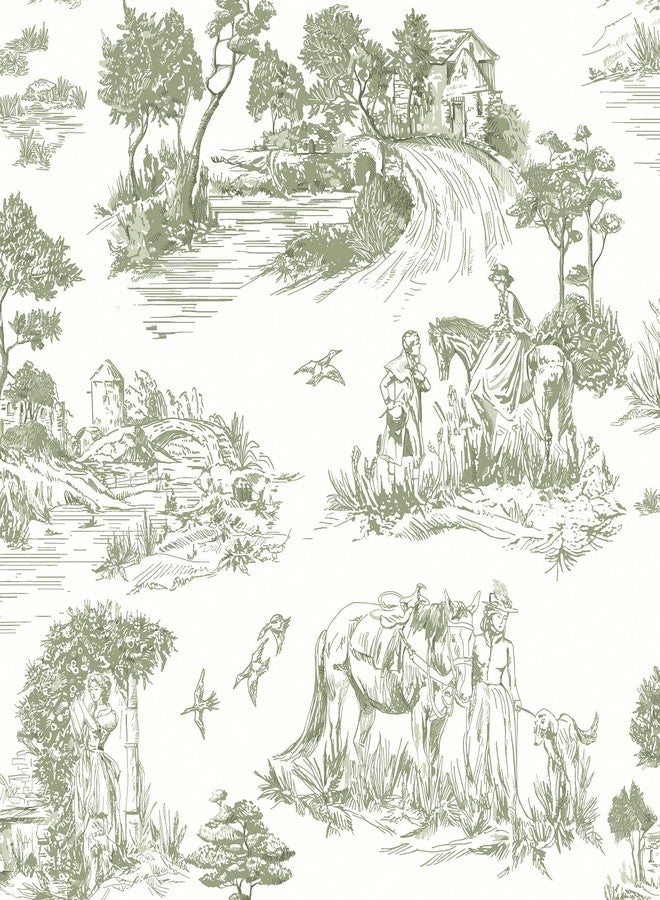 lenify Toile Wallpaper Peel and Stick Wallpaper Line Drawing Wallpaper 15.7inch x 118.1inch Green Vintage Wallpaper Country Life Self-Adhesive Removable Contact Paper for Bedroom Decorative Vinyl - Image 1