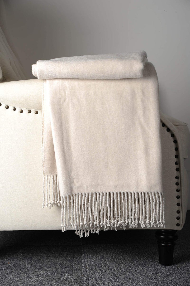 EP Mode Fringed Mulberry Silk Throw Blanket for Sofa (Whisper White) - Image 4