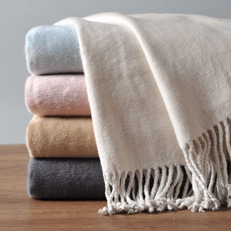 EP Mode Fringed Mulberry Silk Throw Blanket for Sofa (Whisper White) - Image 1
