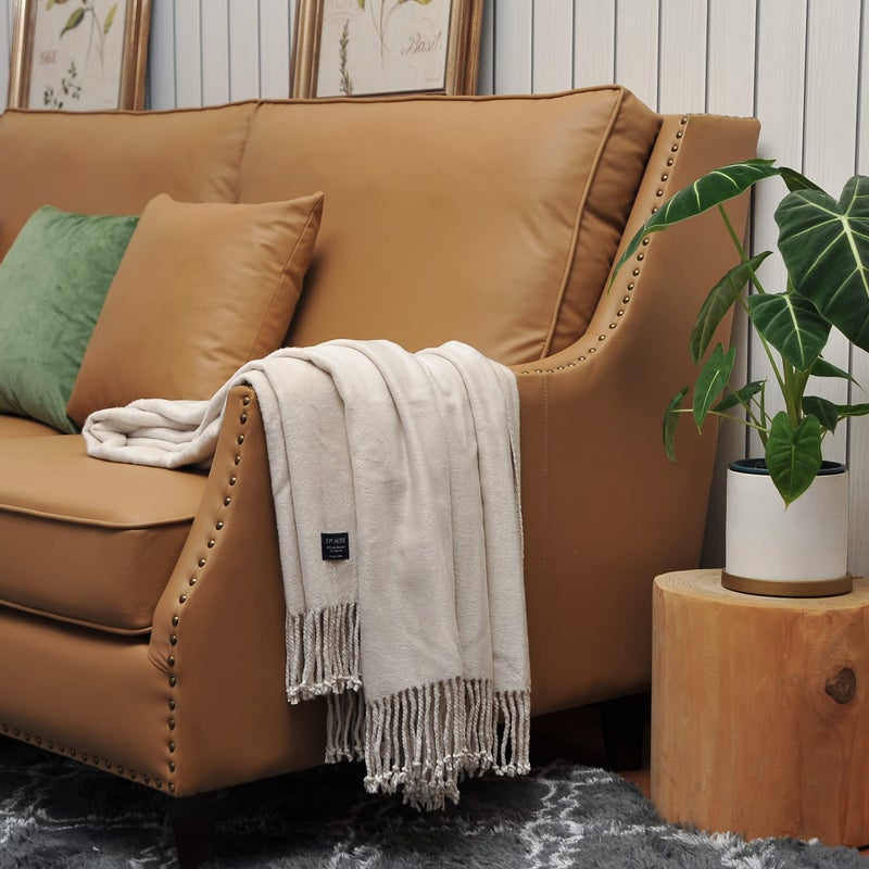 EP Mode Fringed Mulberry Silk Throw Blanket for Sofa (Whisper White) - Image 3