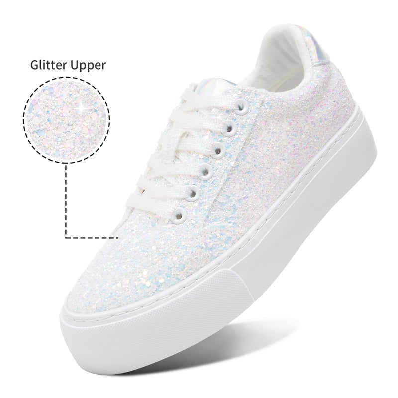 Jeekopeg Glitter Platform Sneakers Women Casual Sequin Sparkly Shoes Bling Thick Sole Walking Shoes Shiny Sequin Wedding Sneakers for Lady(White Glitter,US9) - Image 3