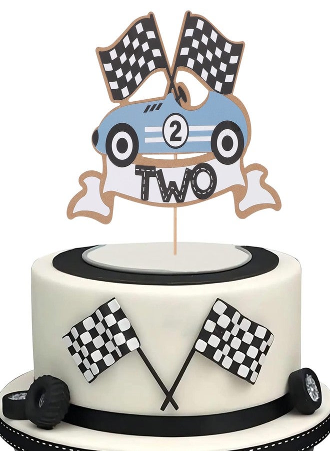 ZZDCMS Two Fast Cake Topper - Race Car 2nd Birthday Party Decorations,Blue Racing Second Birthday Cake Topper,Vintage Race Car Party Photo Props,Two Fast Smash Racing Cake Decorations - Image 1