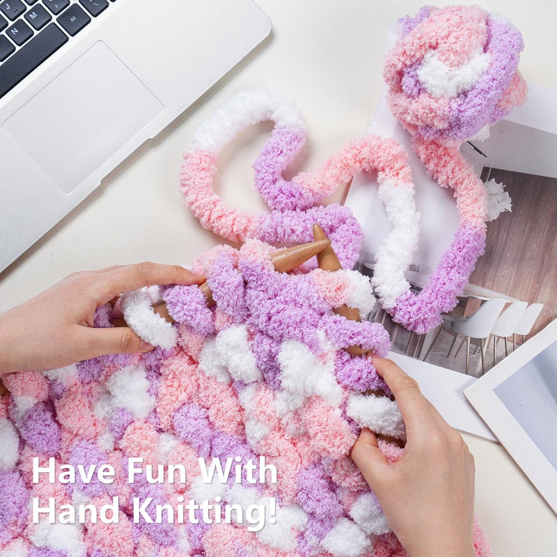 Cozyful Chunky Yarn for Hand Knitting - #10 Chunky Chenille Blanket Yarn, Jumbo Big Thick Chunky Yarns for Crocheting, Tie Dye Bulky Knit Yarns, 8 Skein (25 yds 8 oz Each Skein), Purple&Pink&White - Image 5