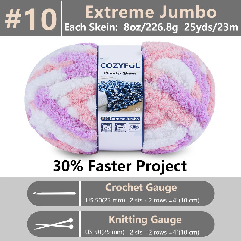 Cozyful Chunky Yarn for Hand Knitting - #10 Chunky Chenille Blanket Yarn, Jumbo Big Thick Chunky Yarns for Crocheting, Tie Dye Bulky Knit Yarns, 8 Skein (25 yds 8 oz Each Skein), Purple&Pink&White - Image 2