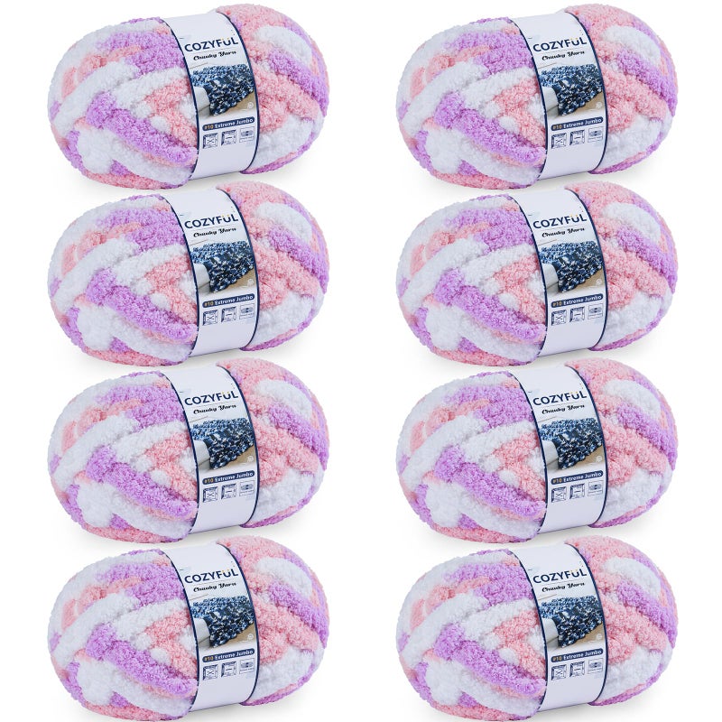 Cozyful Chunky Yarn for Hand Knitting - #10 Chunky Chenille Blanket Yarn, Jumbo Big Thick Chunky Yarns for Crocheting, Tie Dye Bulky Knit Yarns, 8 Skein (25 yds 8 oz Each Skein), Purple&Pink&White - Image 1