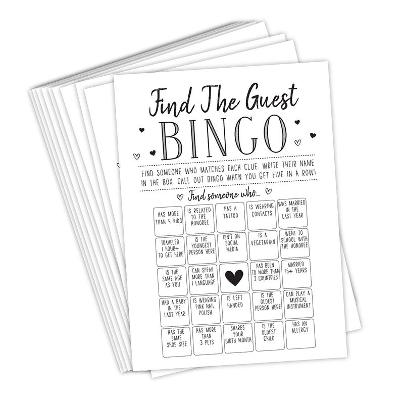 Your Main Event Prints Find The Guest Bingo Game for Bridal Shower Baby Shower and Bachelorette Parties 50 Game Cards Included