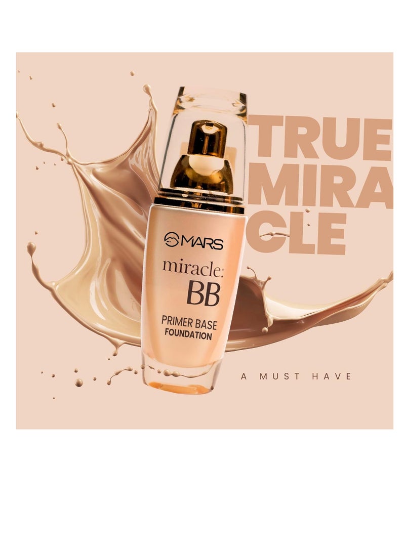 مارس كريم أساس مارس ميراكل بي بي غير لامع لتغطية كاملة لجميع أنواع البشرة مع قاعدة برايمر للتحكم في الزيت وكريم أساس سائل يدوم طويلاً بدون مسامية 60 مل 06 NUDE BEIGE - Image 2