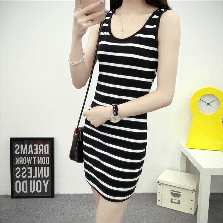 Summer foreign trade cross-border womens dress wholesale Korean slim slim long striped vest hip T-shirt Black  - Image 1