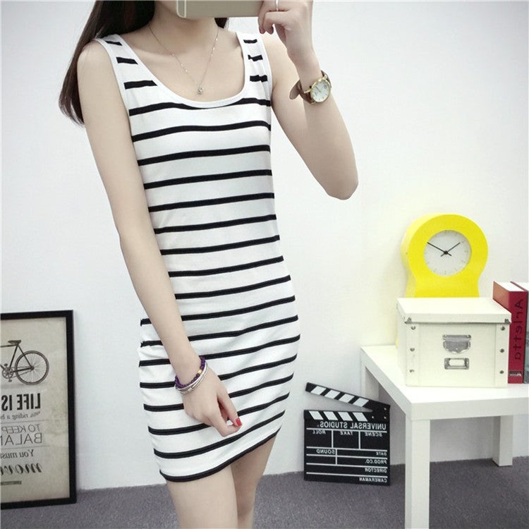 Summer foreign trade cross-border womens dress wholesale Korean slim slim long striped vest hip T-shirt Black  - Image 2