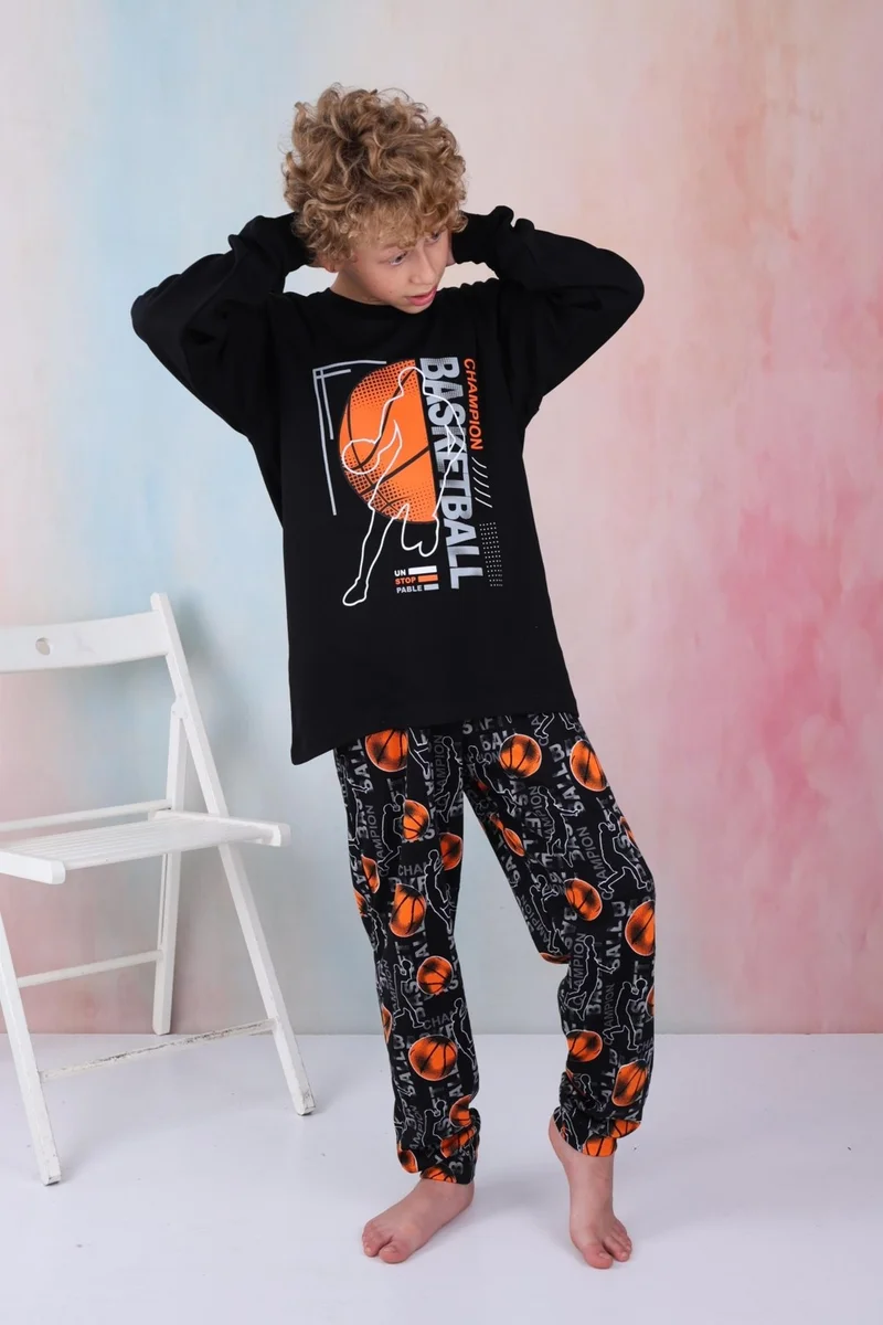 موتلو سيتي New Season Boy Gez Garson Basketball Long Sleeve Cotton Interlock Pajama Set 5154-BLACK